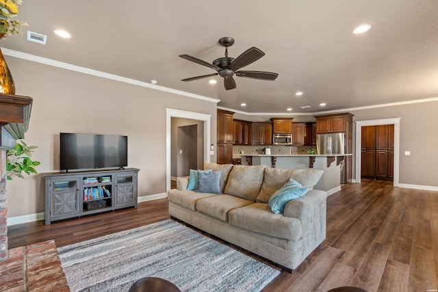 115 Gatehills Pl, Hot Springs, AR 71913 - living area featuring a ceiling fan, dark wood-style floors, recessed lighting, and ornamental molding