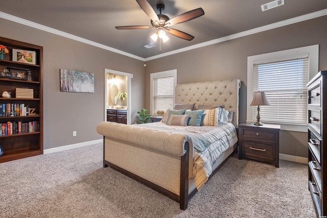 115 Gatehills Pl, Hot Springs, AR 71913 - bedroom with light colored carpet, ornamental molding, multiple windows, ceiling fan, and ensuite bath