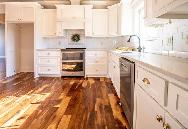 kitchen with tasteful backsplash, white cabinetry, dark wood-style flooring, and a sink