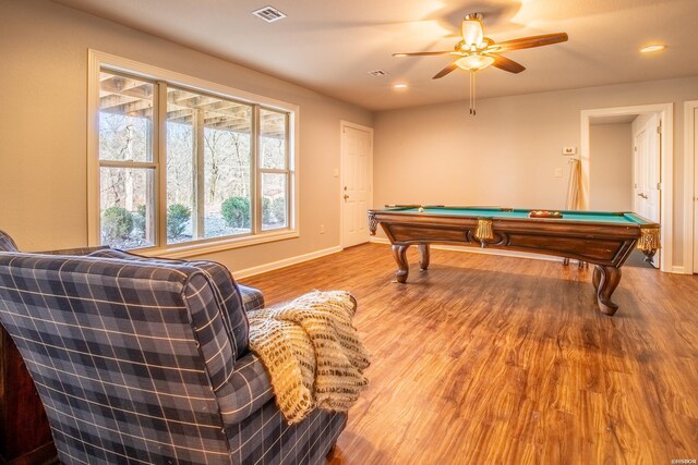 rec room with ceiling fan, pool table, wood finished floors, visible vents, and baseboards