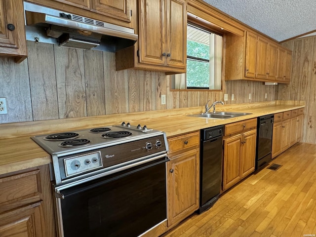 kitchen with black dishwasher, electric range, wood counters, under cabinet range hood, and a sink