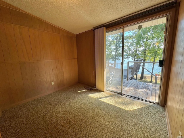 unfurnished room featuring carpet floors, a water view, and wooden walls