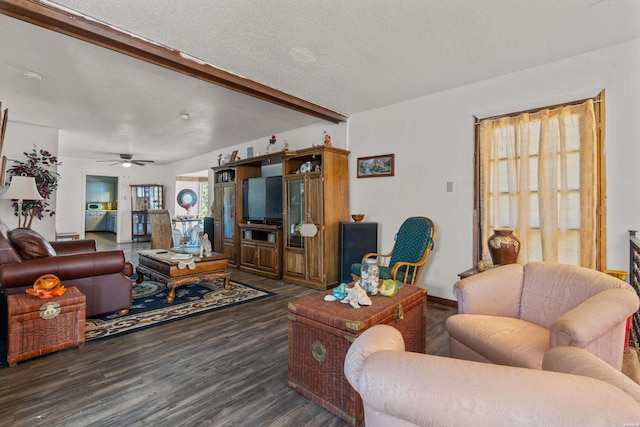 108 Helen St, Hot Springs, AR 71913 - living room with a ceiling fan, beamed ceiling, a textured ceiling, and wood finished floors