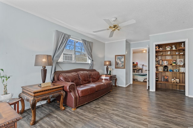 108 Helen St, Hot Springs, AR 71913 - living area with crown molding, ceiling fan, a textured ceiling, wood finished floors, and cooling unit
