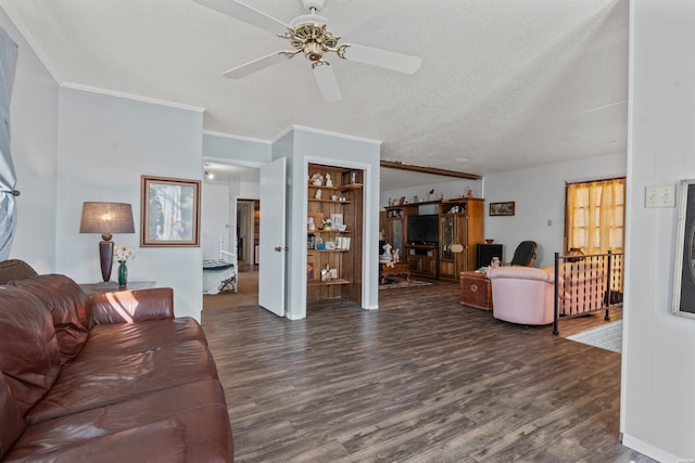 108 Helen St, Hot Springs, AR 71913 - living room featuring a textured ceiling, wood finished floors, a ceiling fan, and crown molding