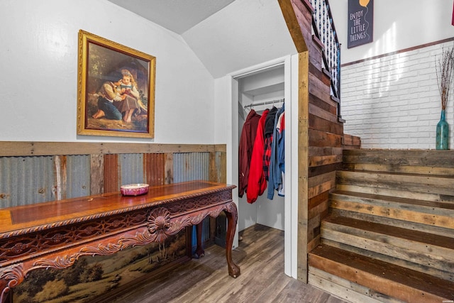 108 Helen St, Hot Springs, AR 71913 - staircase featuring vaulted ceiling, wood finished floors, and wooden walls