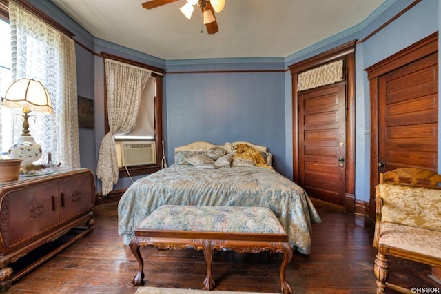 bedroom with dark wood-style floors, ceiling fan, ornamental molding, and cooling unit