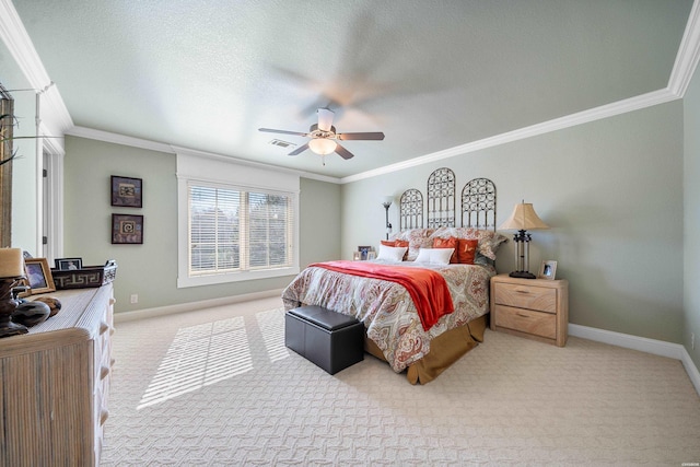 203 Carriage Creek Ct, Hot Springs, AR 71901 - bedroom featuring ornamental molding, light carpet, baseboards, a ceiling fan, and a textured ceiling