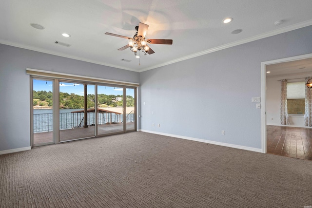 220 Mcdonald Loop, Hot Springs, AR 71913 - spare room featuring a ceiling fan, carpet, ornamental molding, recessed lighting, and a water view