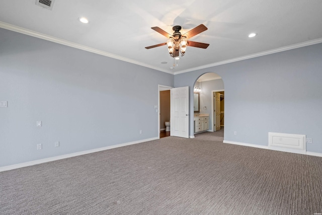 220 Mcdonald Loop, Hot Springs, AR 71913 - spare room featuring arched walkways, ceiling fan, carpet, crown molding, and recessed lighting