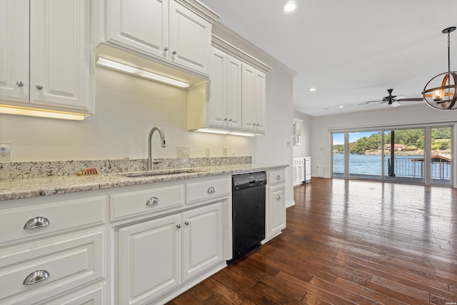 220 Mcdonald Loop, Hot Springs, AR 71913 - kitchen featuring black dishwasher, a chandelier, dark wood finished floors, recessed lighting, and white cabinetry