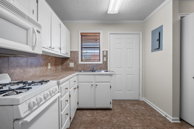 220 Mcdonald Loop, Hot Springs, AR 71913 - kitchen featuring white appliances, electric panel, white cabinets, a textured ceiling, and tile counters