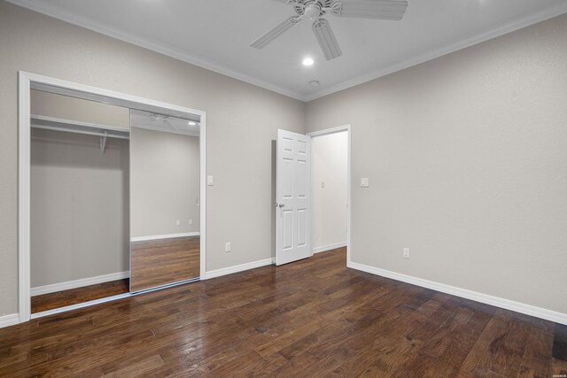 220 Mcdonald Loop, Hot Springs, AR 71913 - unfurnished bedroom with wood finished floors, ornamental molding, a closet, ceiling fan, and recessed lighting