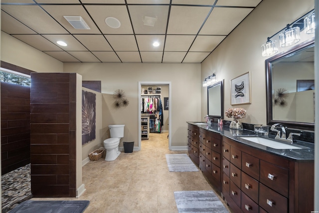 bathroom featuring double vanity, a spacious closet, baseboards, and a sink