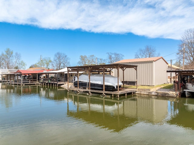 view of dock with a water view and boat lift