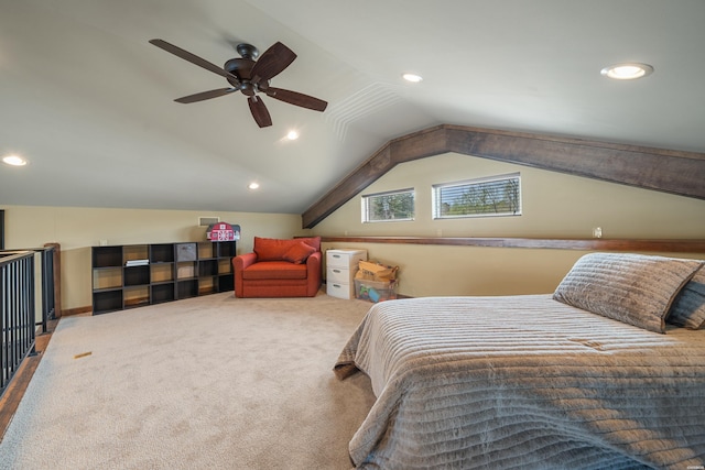 carpeted bedroom featuring lofted ceiling, recessed lighting, and a ceiling fan