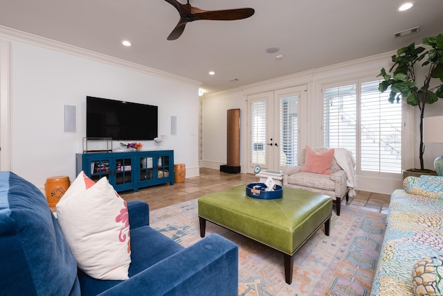 living room featuring recessed lighting, ornamental molding, ceiling fan, visible vents, and french doors