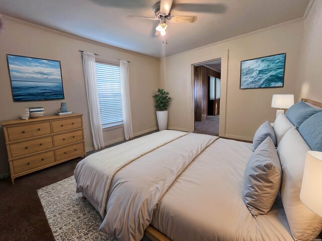 bedroom with ceiling fan, ornamental molding, dark carpet, and baseboards