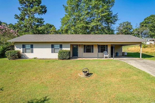 single story home with roof with shingles, a front yard, central AC, a carport, and driveway