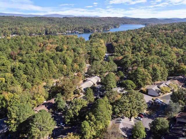 bird's eye view featuring a wooded view and a water and mountain view