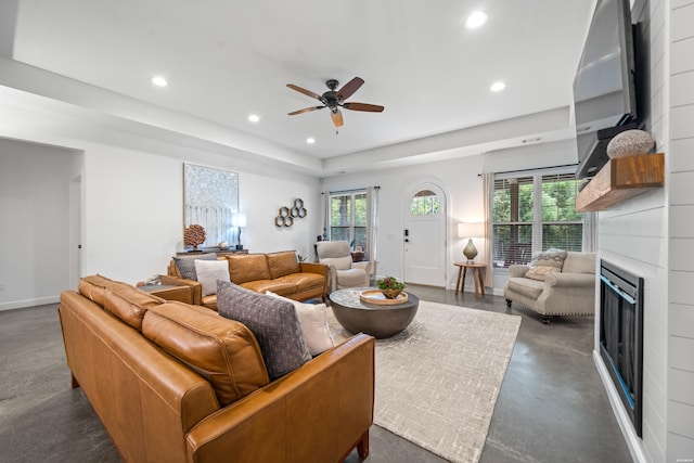 109 Spencer Chase Ct, Hot Springs, AR 71901 - living area with concrete floors, recessed lighting, a ceiling fan, and a fireplace