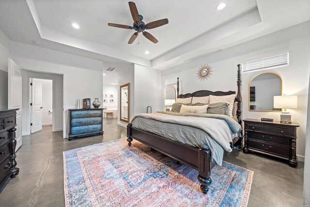109 Spencer Chase Ct, Hot Springs, AR 71901 - bedroom with a raised ceiling, concrete floors, ensuite bath, recessed lighting, and ceiling fan