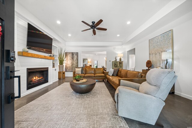 109 Spencer Chase Ct, Hot Springs, AR 71901 - living room with a ceiling fan, a fireplace, recessed lighting, and a tray ceiling