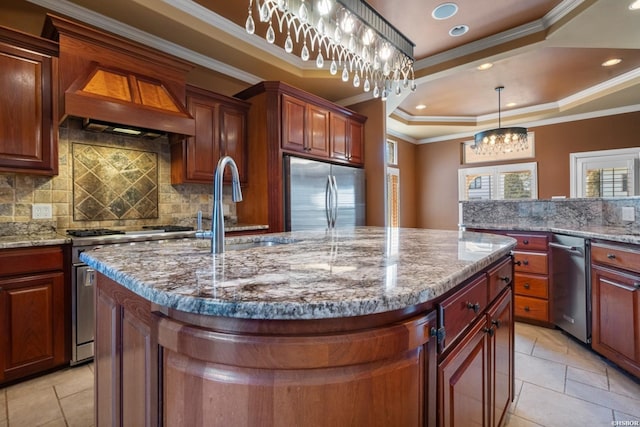 kitchen with a kitchen island with sink, a sink, a tray ceiling, appliances with stainless steel finishes, and custom exhaust hood