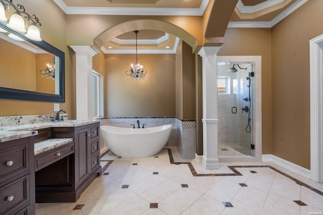 full bath with tile patterned flooring, crown molding, decorative columns, and a stall shower