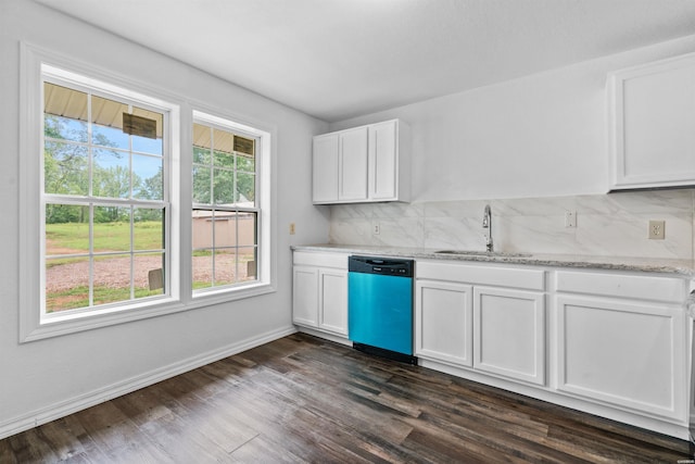 kitchen with dishwashing machine, white cabinetry, decorative backsplash, and a sink