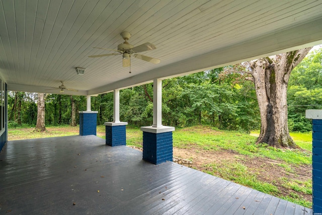 view of patio / terrace featuring a ceiling fan and a wooden deck