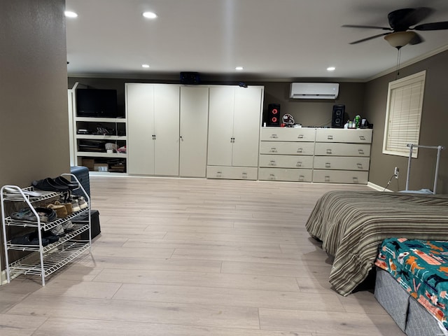 122 Mesa Trl, Hot Springs, AR 71913 - bedroom featuring an AC wall unit, ornamental molding, light wood-style flooring, recessed lighting, and ceiling fan