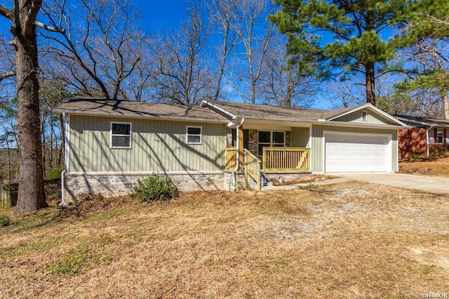 ranch-style house featuring a garage, covered porch, driveway, and crawl space