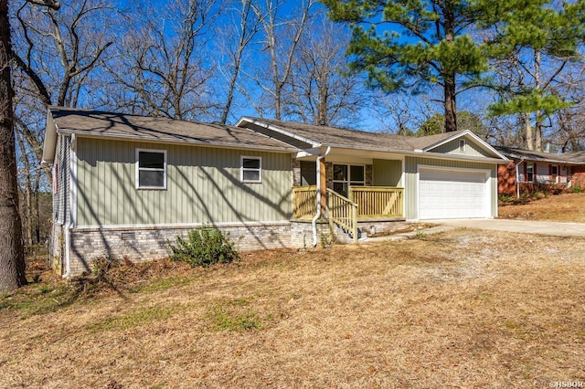 ranch-style house with an attached garage, crawl space, concrete driveway, and brick siding