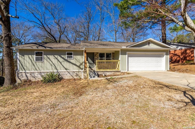 ranch-style home with concrete driveway, covered porch, brick siding, and an attached garage