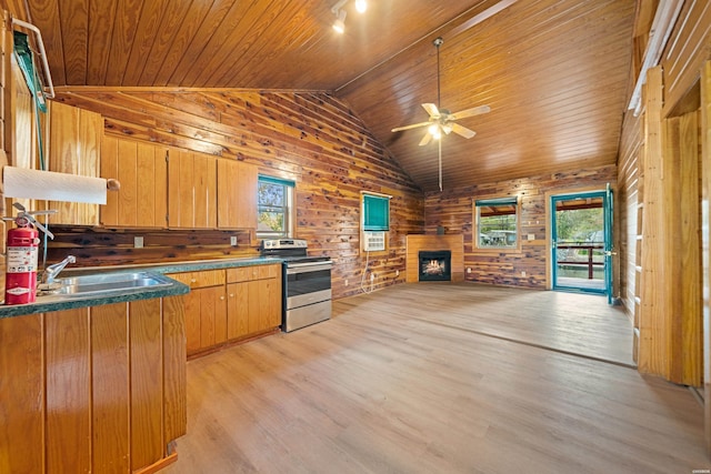 kitchen featuring dark countertops, wooden ceiling, open floor plan, wood walls, and stainless steel range with electric stovetop