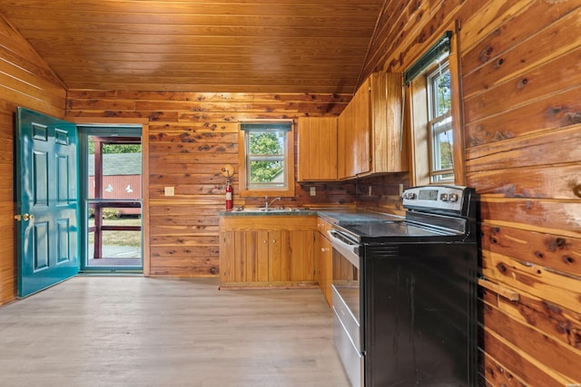 kitchen with brown cabinetry, dark countertops, wooden ceiling, and stainless steel range with electric cooktop