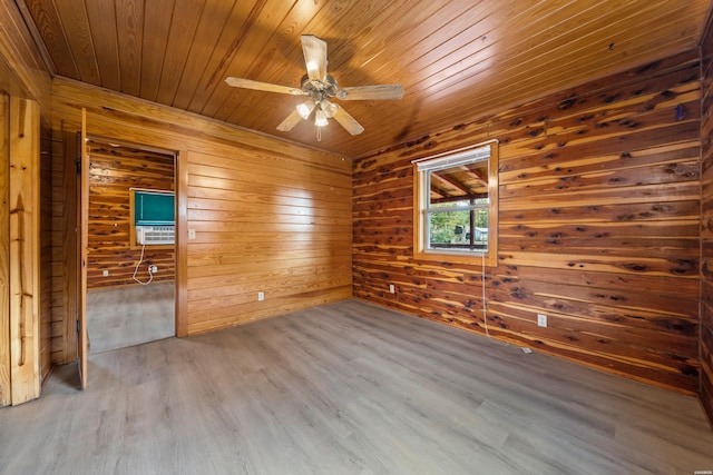 unfurnished bedroom featuring wooden ceiling, ceiling fan, wood finished floors, and wood walls