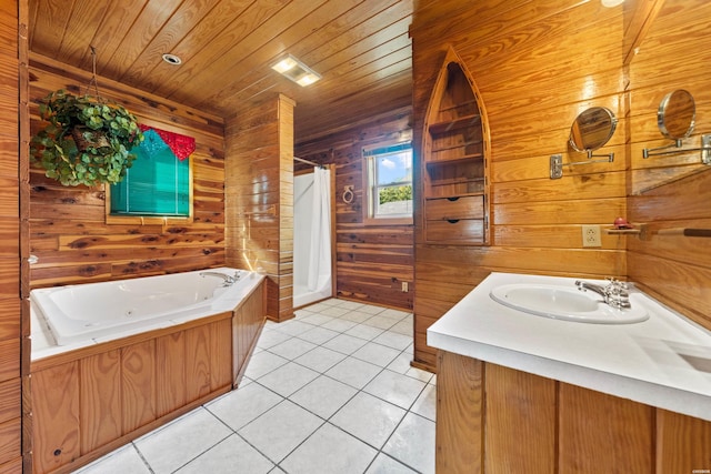 bathroom with wooden walls, wooden ceiling, tile patterned flooring, vanity, and a bath