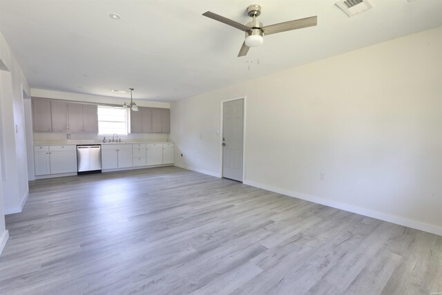 unfurnished living room featuring visible vents, a ceiling fan, a sink, light wood-type flooring, and baseboards