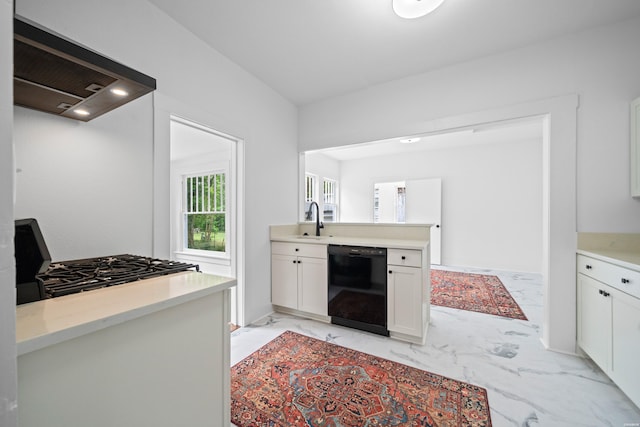 kitchen featuring marble finish floor, dishwasher, wall chimney exhaust hood, a sink, and range