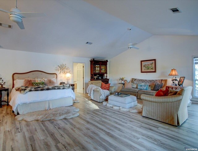 bedroom with lofted ceiling, light wood-type flooring, and visible vents