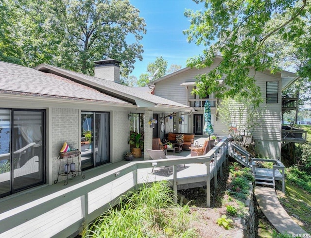 370 Restful Ridge Rd, Hot Springs, AR 71913 - back of house featuring a deck, a chimney, an outdoor living space, brick siding, and a shingled roof