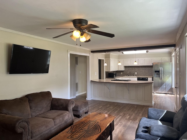5301 Owensville Cutoff Cutoff, Lonsdale, AR 72087 - living area with dark wood-type flooring, ornamental molding, a ceiling fan, and visible vents