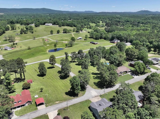 birds eye view of property featuring a mountain view and a view of trees