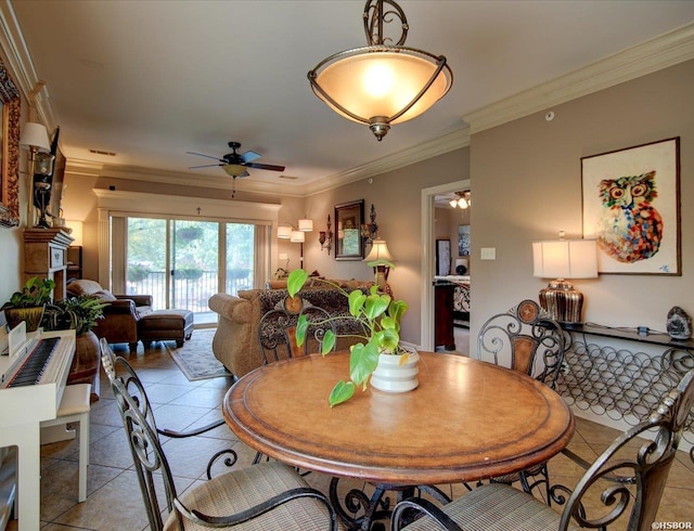 503 Lakeland Dr Unit E6, Hot Springs, AR 71913 - dining room featuring ceiling fan, ornamental molding, light tile patterned flooring, and visible vents