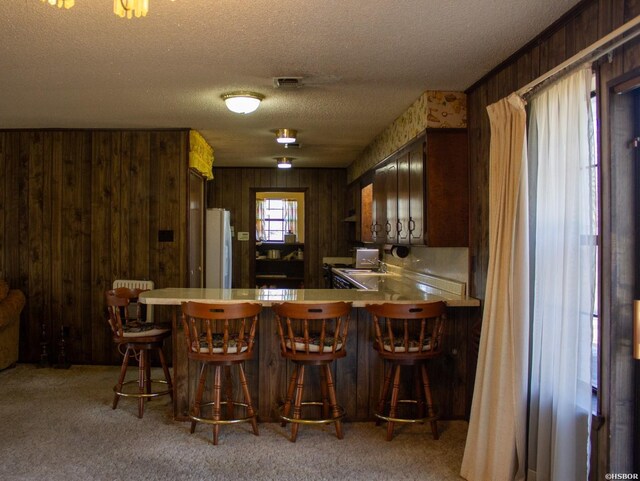 bar featuring a dry bar, visible vents, freestanding refrigerator, light carpet, and a textured ceiling