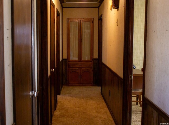 hallway featuring light colored carpet, wainscoting, and wooden walls