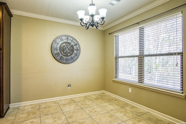 unfurnished dining area featuring a notable chandelier, light tile patterned floors, visible vents, ornamental molding, and baseboards