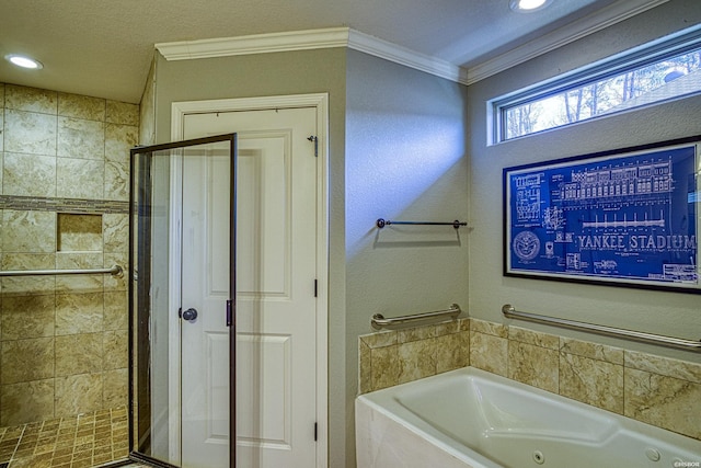 bathroom with ornamental molding, a jetted tub, a shower stall, and recessed lighting